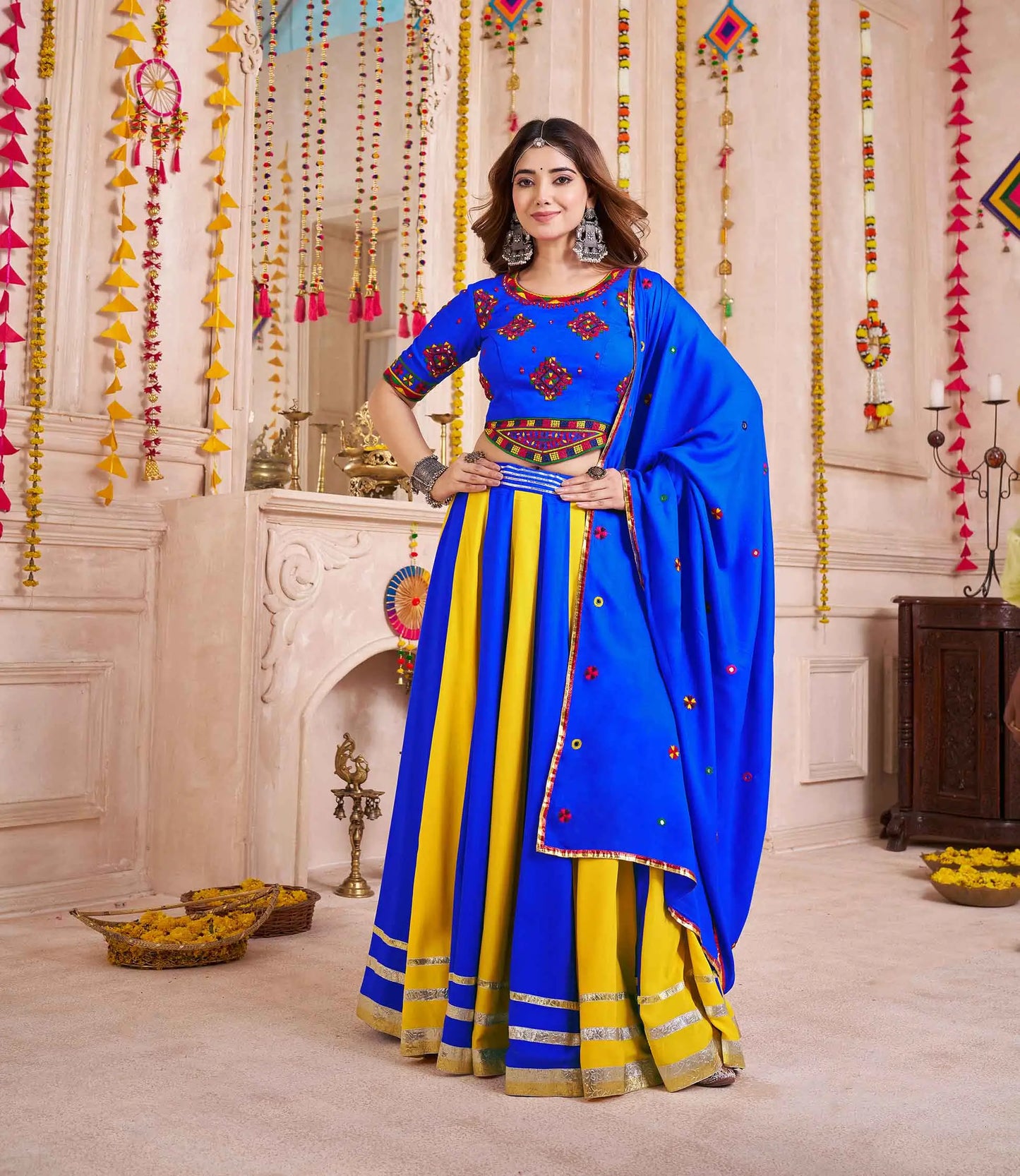 Blue And yellow Lehenga With Thread And Mirror Work Choli For Navratri