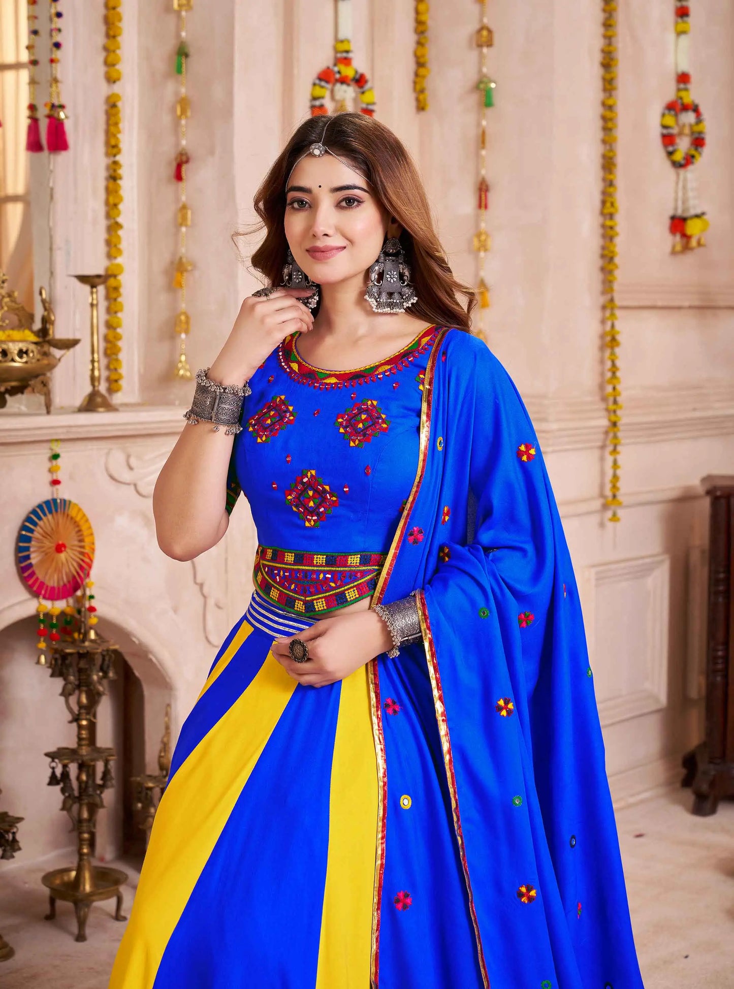 Blue And yellow Lehenga With Thread And Mirror Work Choli For Navratri
