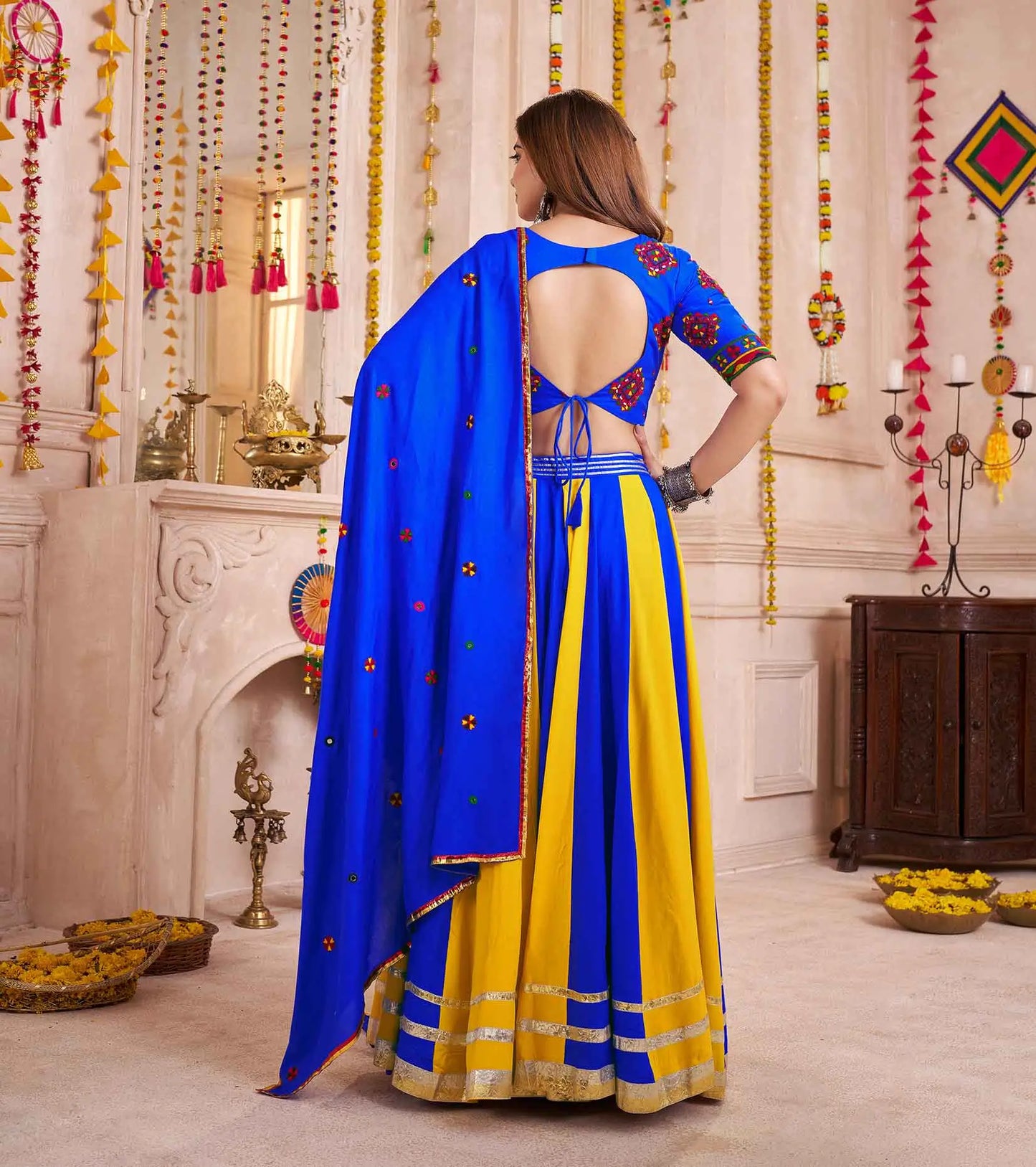Blue And yellow Lehenga With Thread And Mirror Work Choli For Navratri