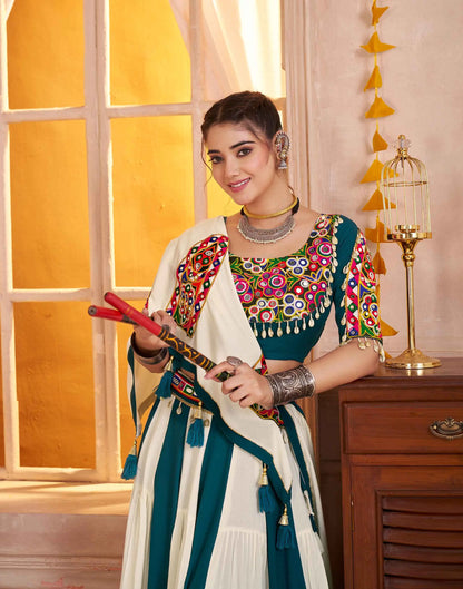 White And Teal Blue Kutchi Patchwork With Mirror Work Navratri Lehenga Choli