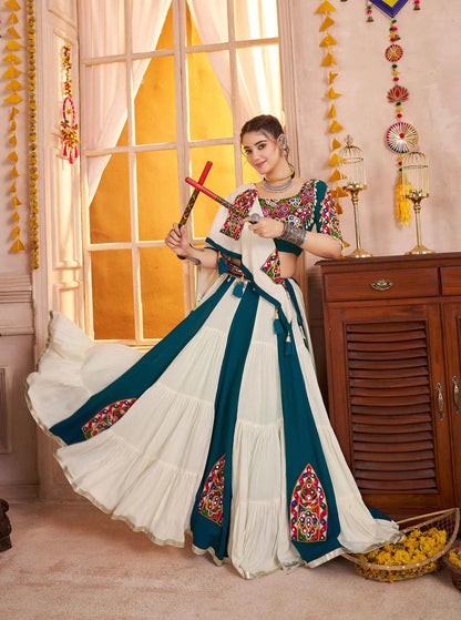 White And Teal Blue Kutchi Patchwork With Mirror Work Navratri Lehenga Choli