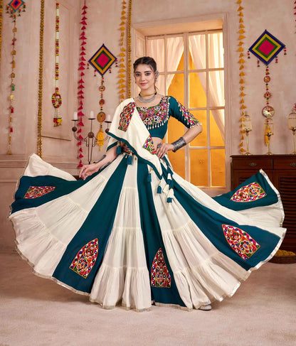 White And Teal Blue Kutchi Patchwork With Mirror Work Navratri Lehenga Choli