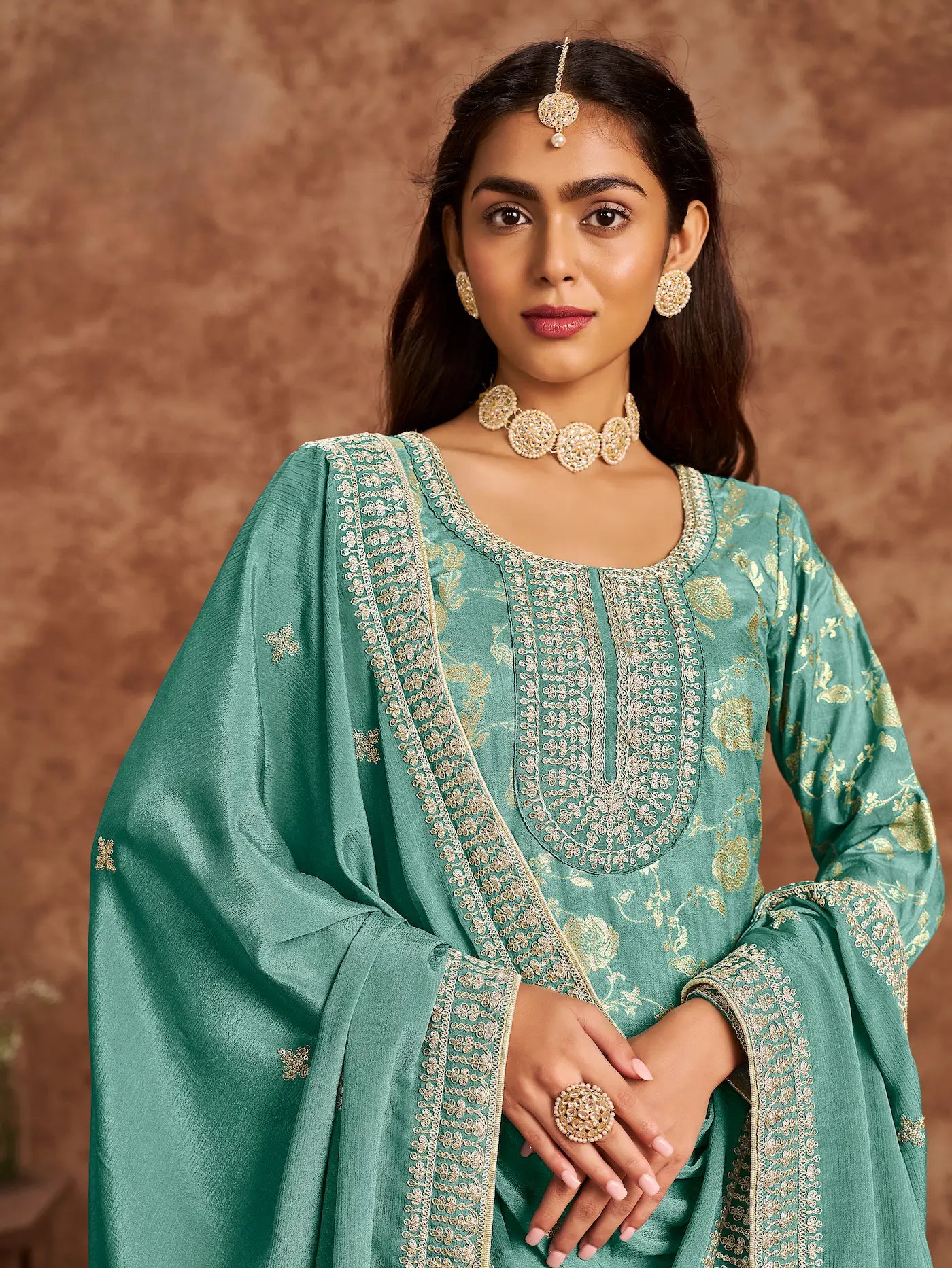 Sky Blue Dola Silk Palazzo Salwar Suit With Thread & Sequins Embroidery Work