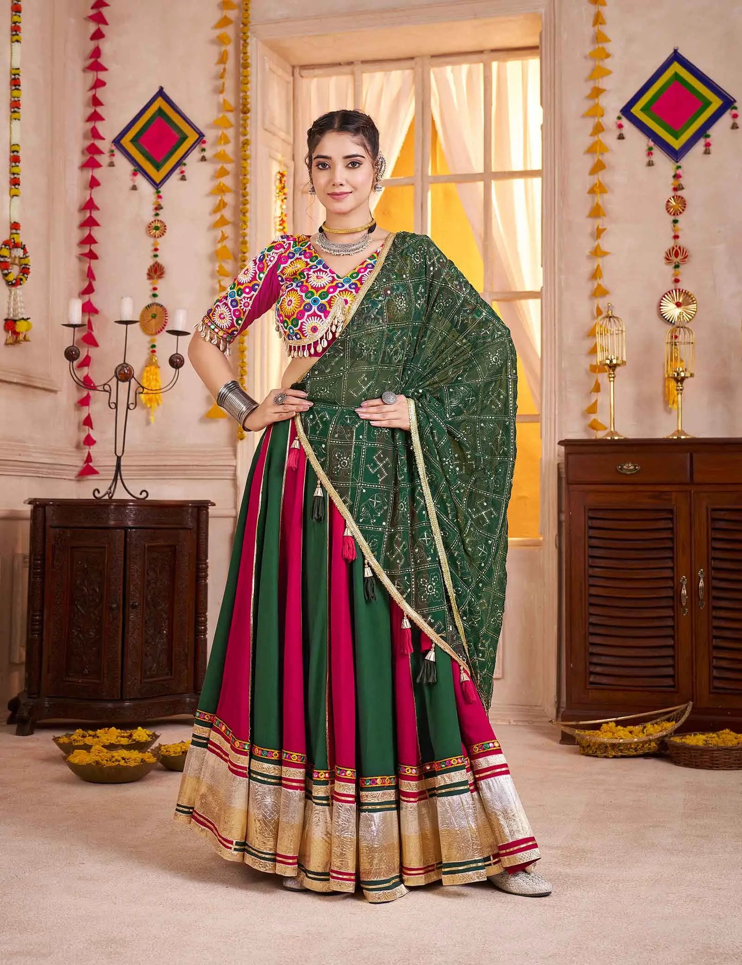 Multi Color Navratri Lehenga Kutchi Work And Mirror Work With Heavy Dupatta