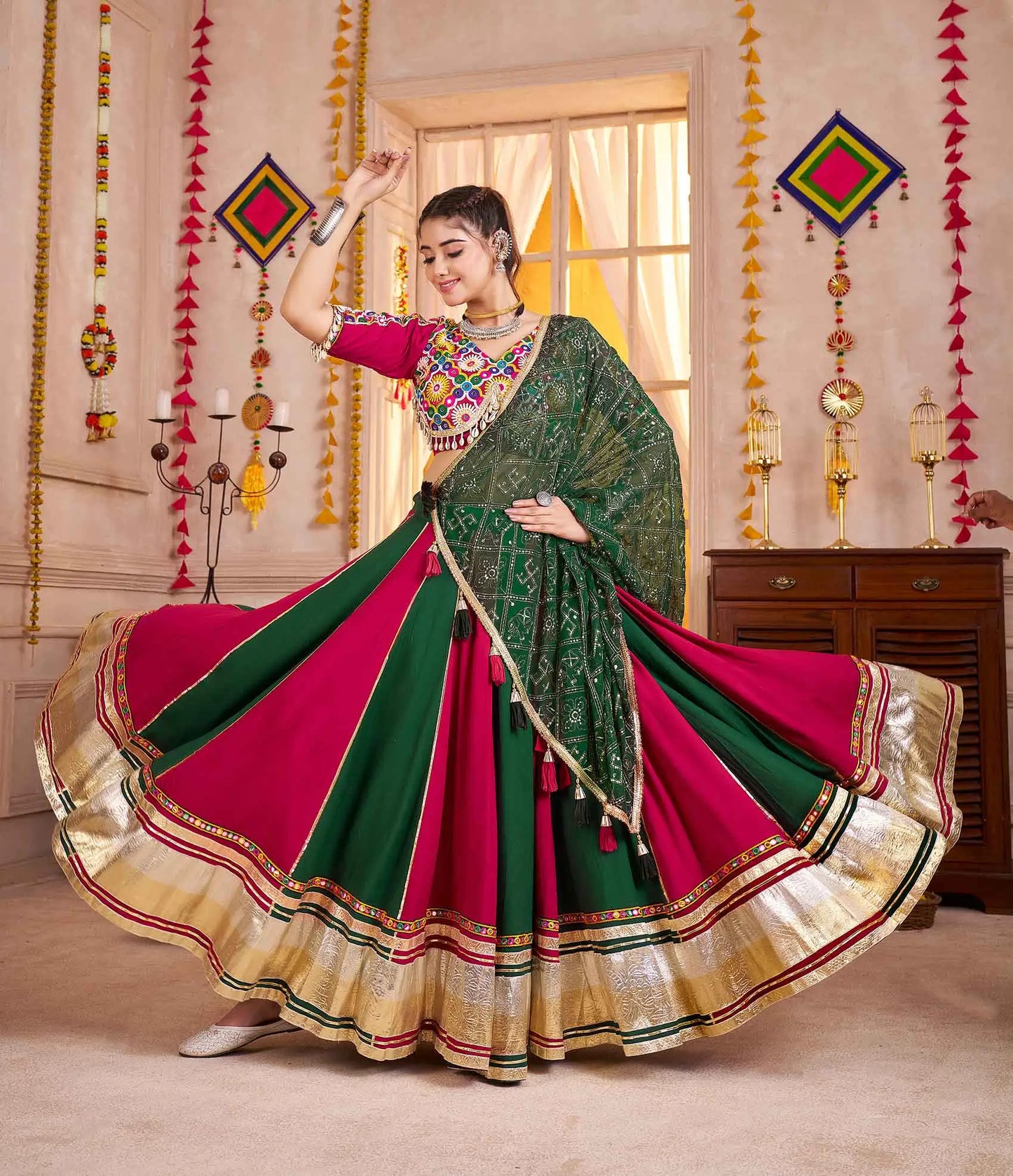 Multi Color Navratri Lehenga Kutchi Work And Mirror Work With Heavy Dupatta