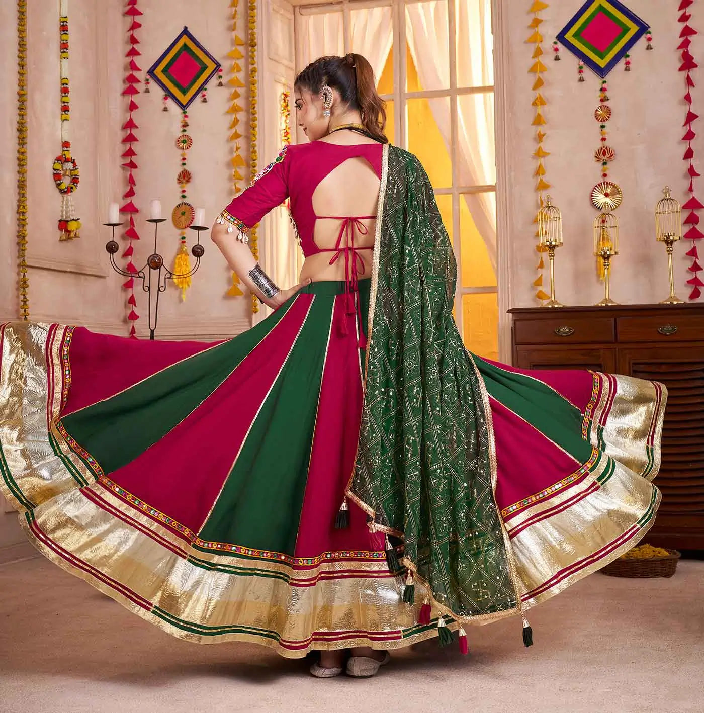 Multi Color Navratri Lehenga Kutchi Work And Mirror Work With Heavy Dupatta