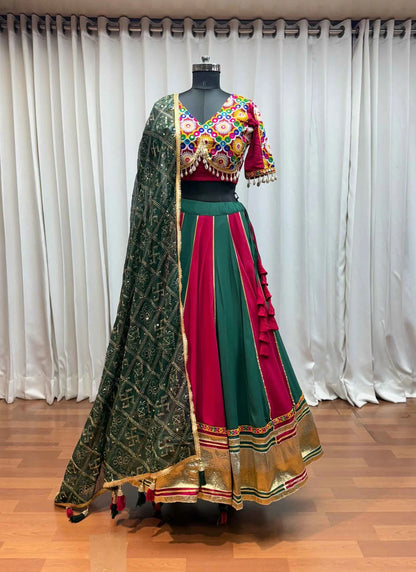 Multi Color Navratri Lehenga Kutchi Work And Mirror Work With Heavy Dupatta