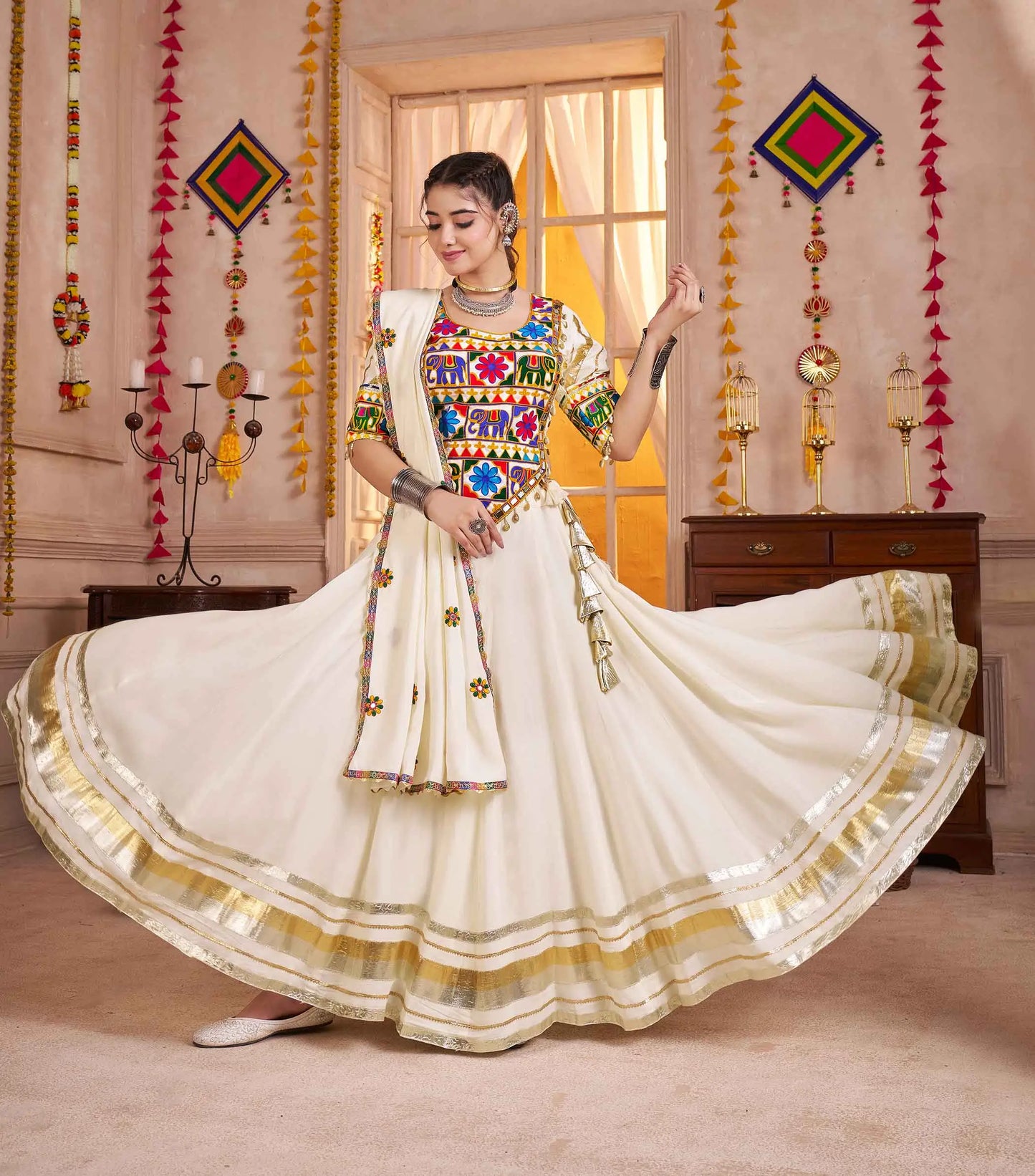 White Navratri Lehenga With Kutchi Work And Mirror Kodi Work Trendy Blouse