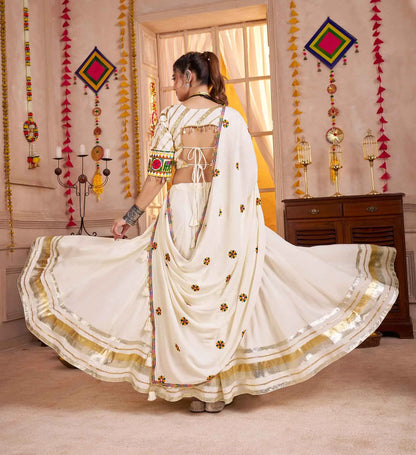 White Navratri Lehenga With Kutchi Work And Mirror Kodi Work Trendy Blouse
