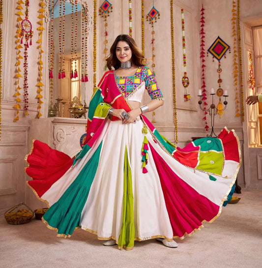 White With Multi Color Lehenga With Kutchi Mirror Work Choli For Navratri