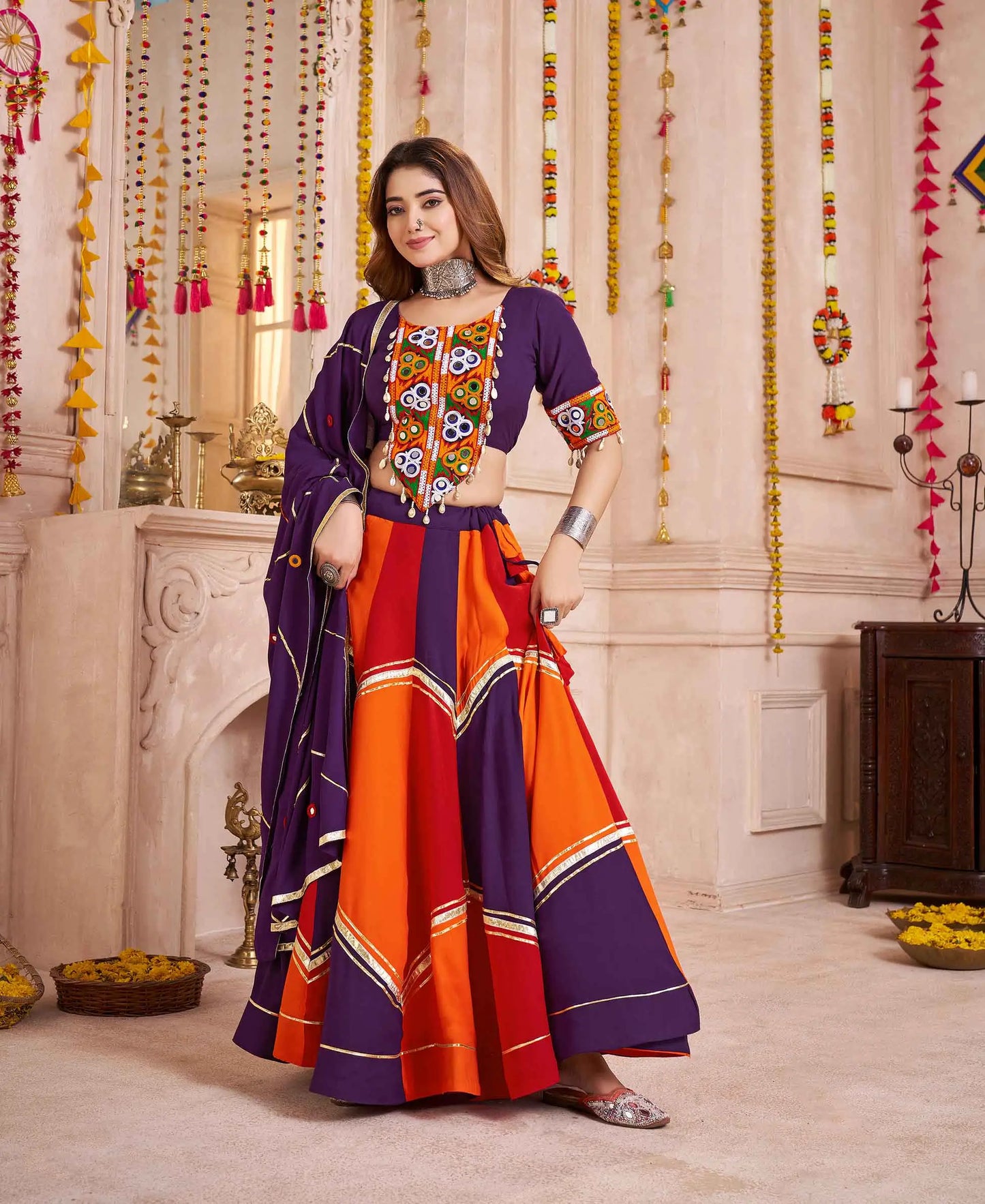 Purple With Multi Color Lehenga With Kutchi Mirror Work Choli For Navratri