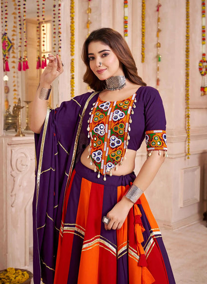 Purple With Multi Color Lehenga With Kutchi Mirror Work Choli For Navratri
