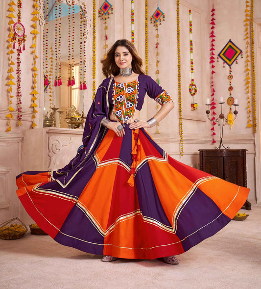 Purple With Multi Color Lehenga With Kutchi Mirror Work Choli For Navratri