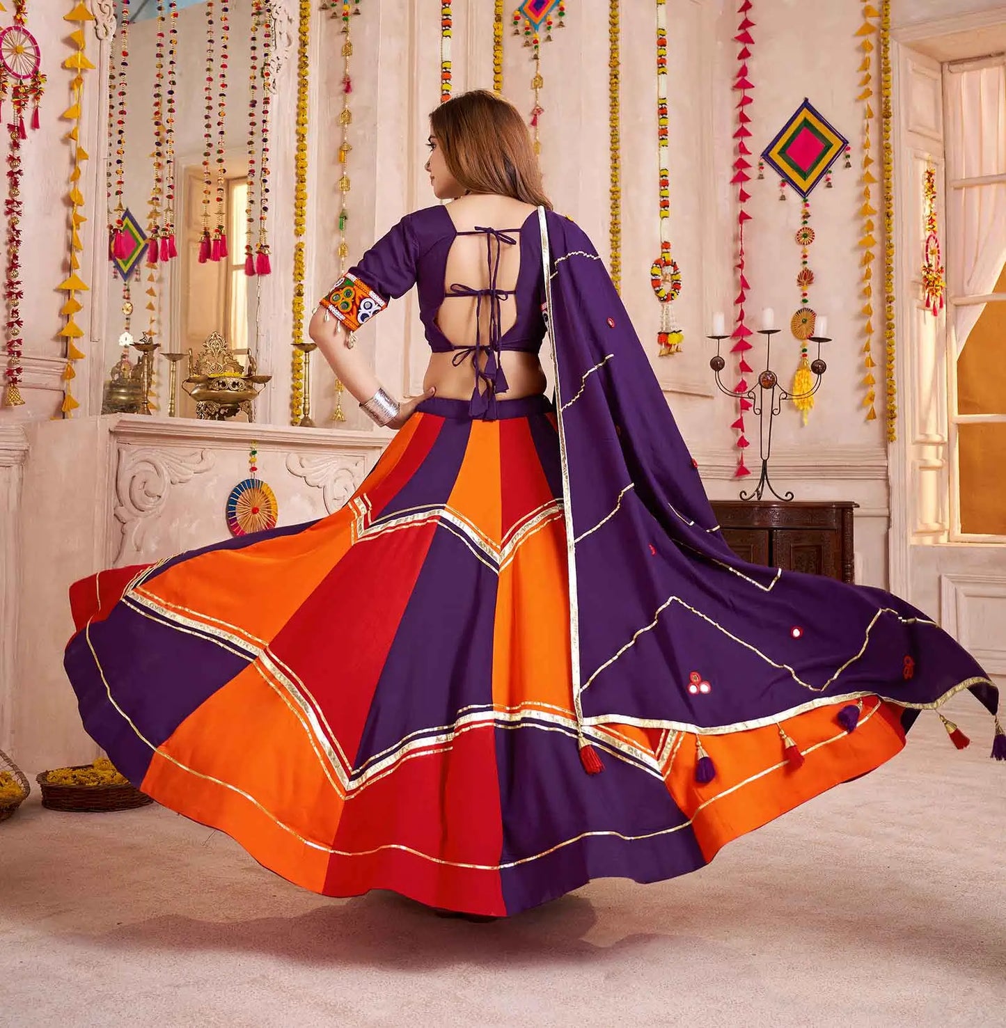 Purple With Multi Color Lehenga With Kutchi Mirror Work Choli For Navratri