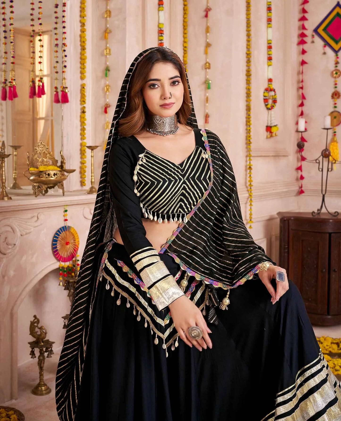 Black Designer Gamthi With Lampi Lace Work Navratri Lehenga Choli