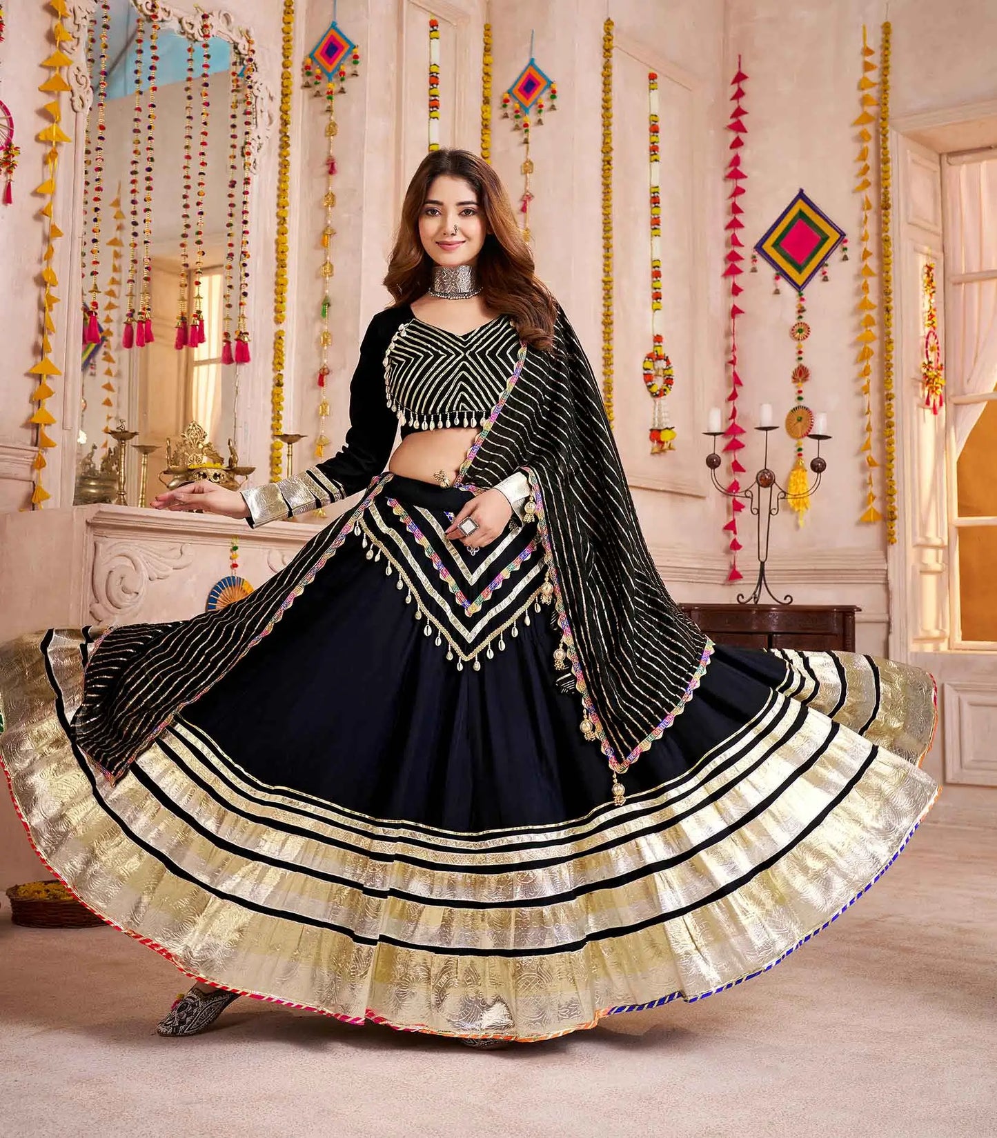 Black Designer Gamthi With Lampi Lace Work Navratri Lehenga Choli