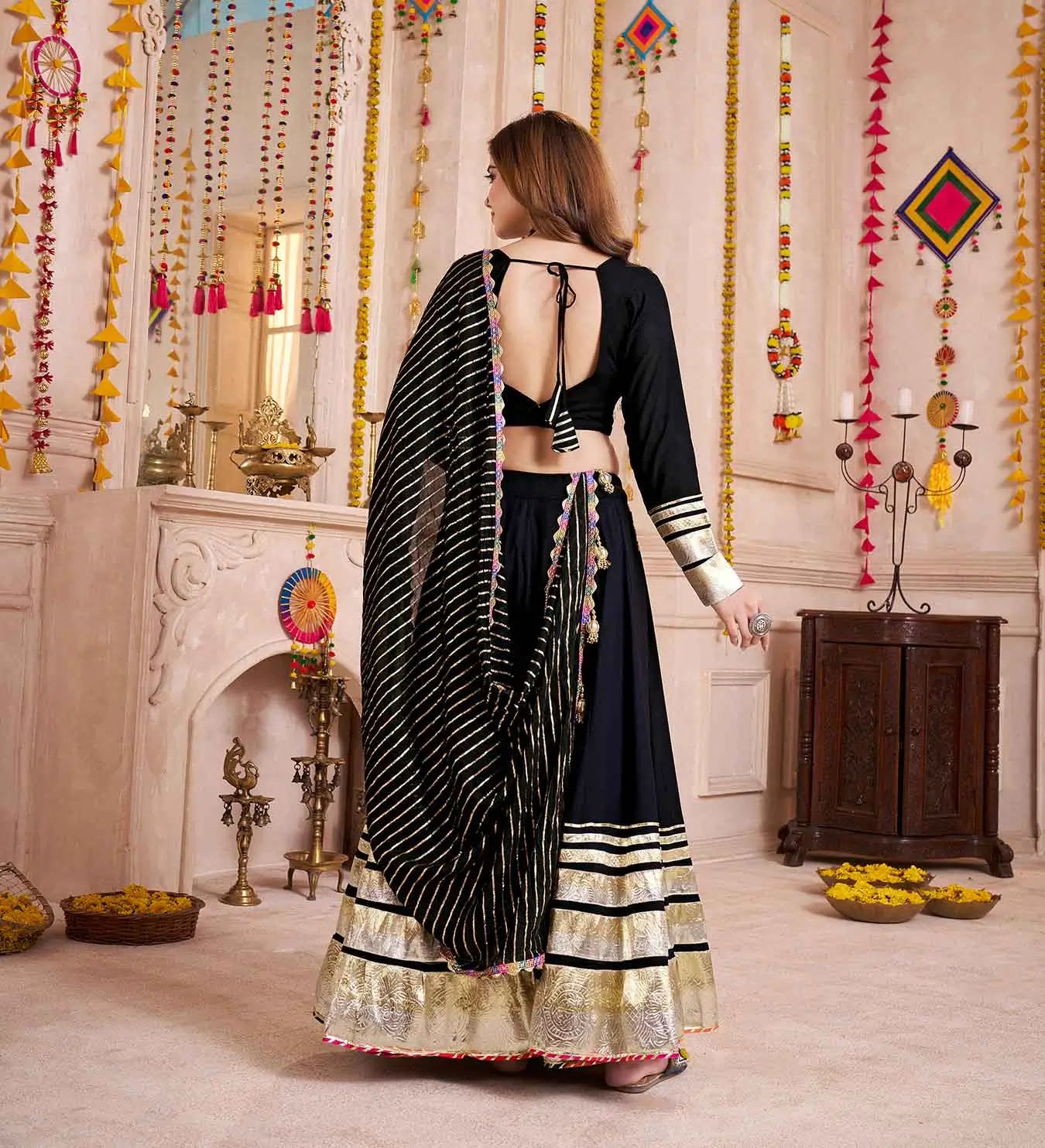Black Designer Gamthi With Lampi Lace Work Navratri Lehenga Choli