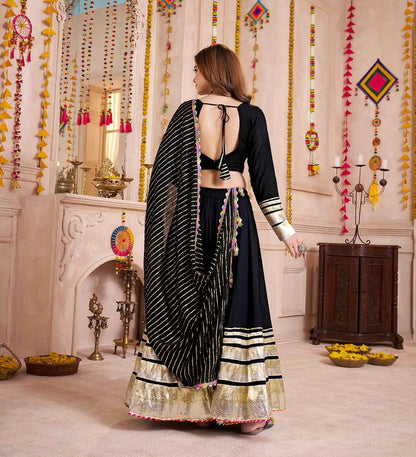 Black Designer Gamthi With Lampi Lace Work Navratri Lehenga Choli