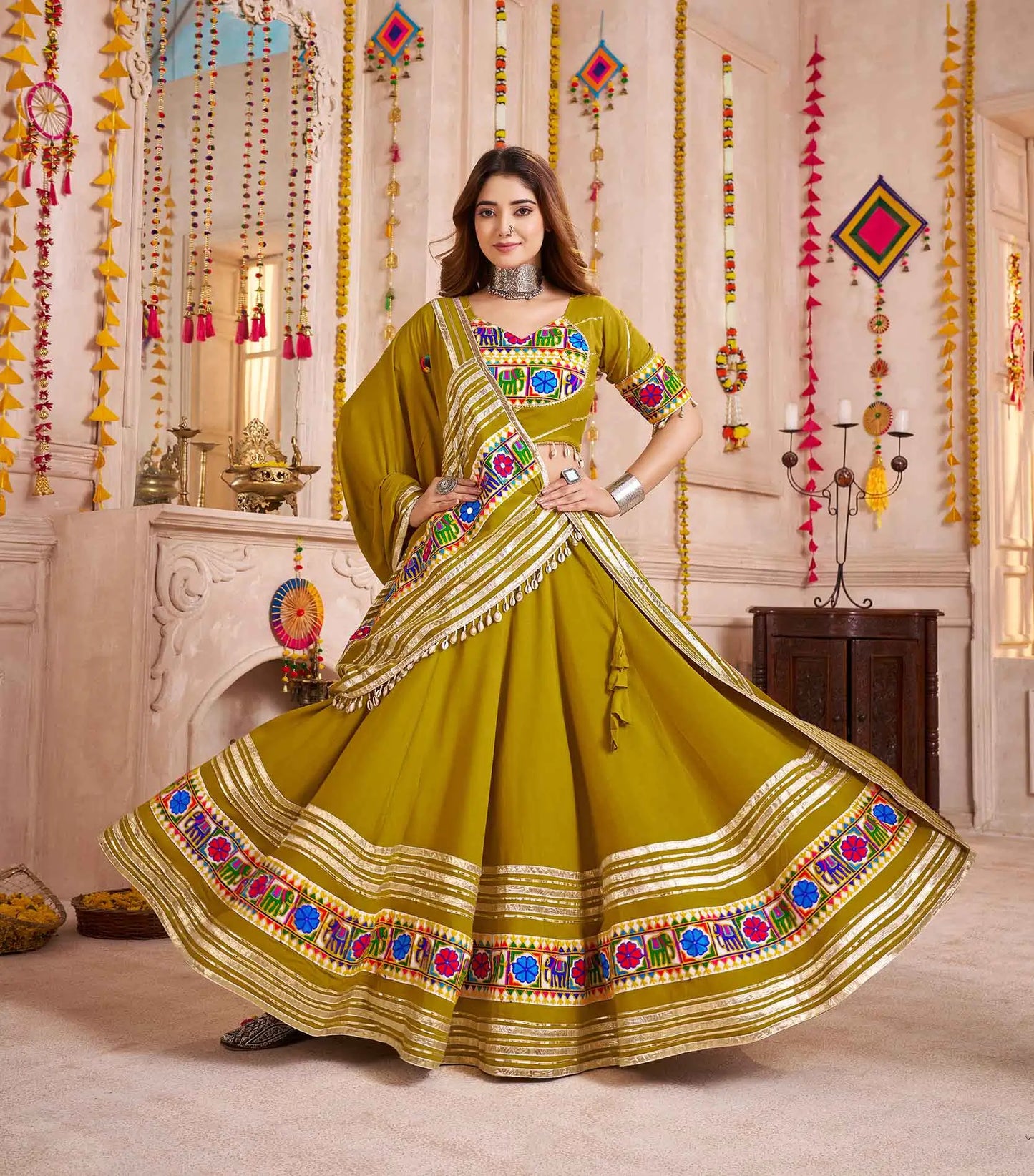 Mustard Brown Multi Thread Kutchi Work Navratri Lehenga Choli