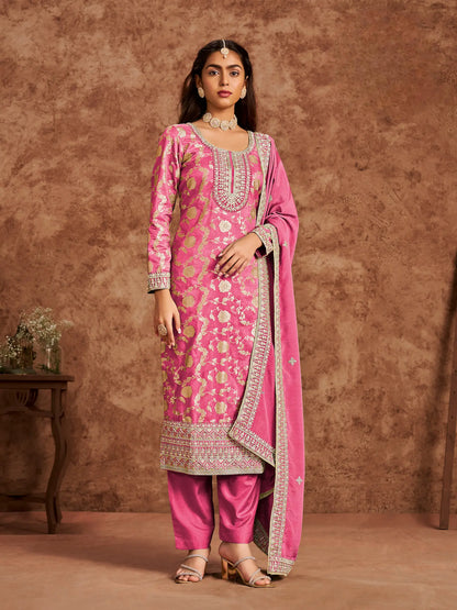 Pink Dola Silk Palazzo Salwar Suit With Thread & Sequins Embroidery Work