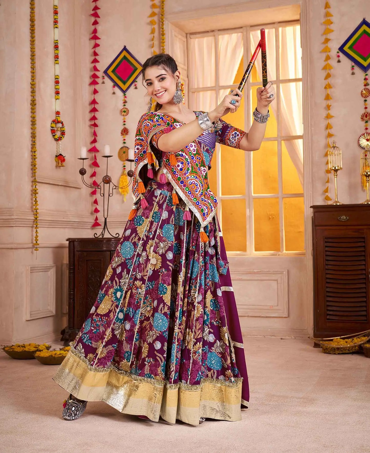 Grape Purple Floral Print Lehenga With Kutchi Work Choli For Navratri