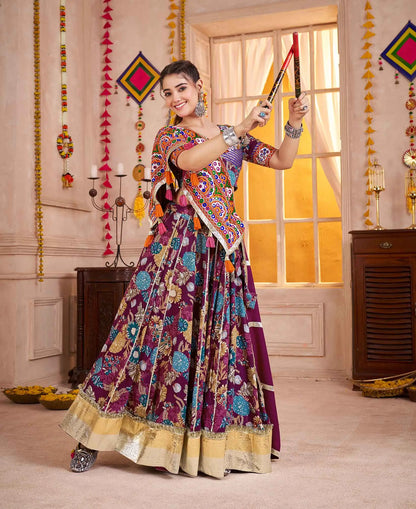 Grape Purple Floral Print Lehenga With Kutchi Work Choli For Navratri
