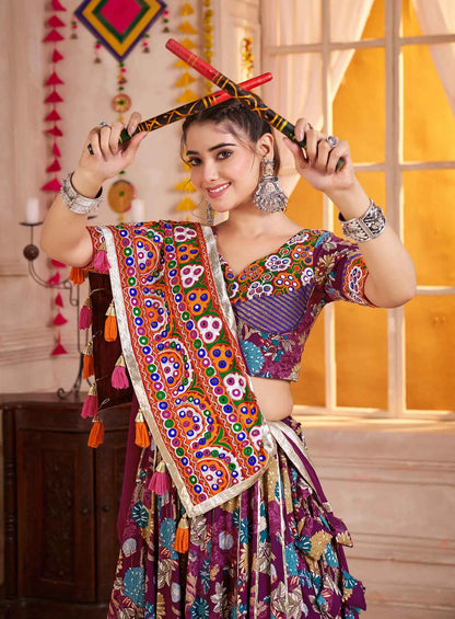 Grape Purple Floral Print Lehenga With Kutchi Work Choli For Navratri