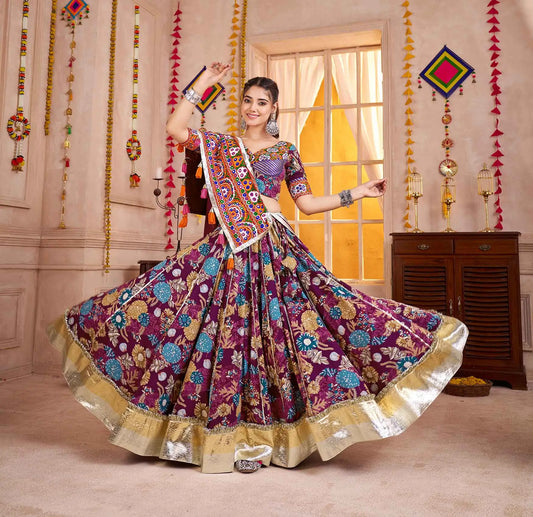 Grape Purple Floral Print Lehenga With Kutchi Work Choli For Navratri