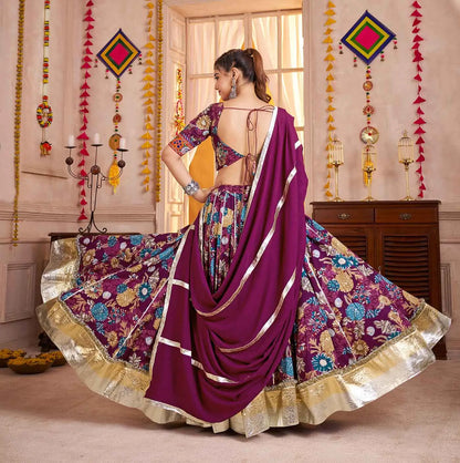 Grape Purple Floral Print Lehenga With Kutchi Work Choli For Navratri