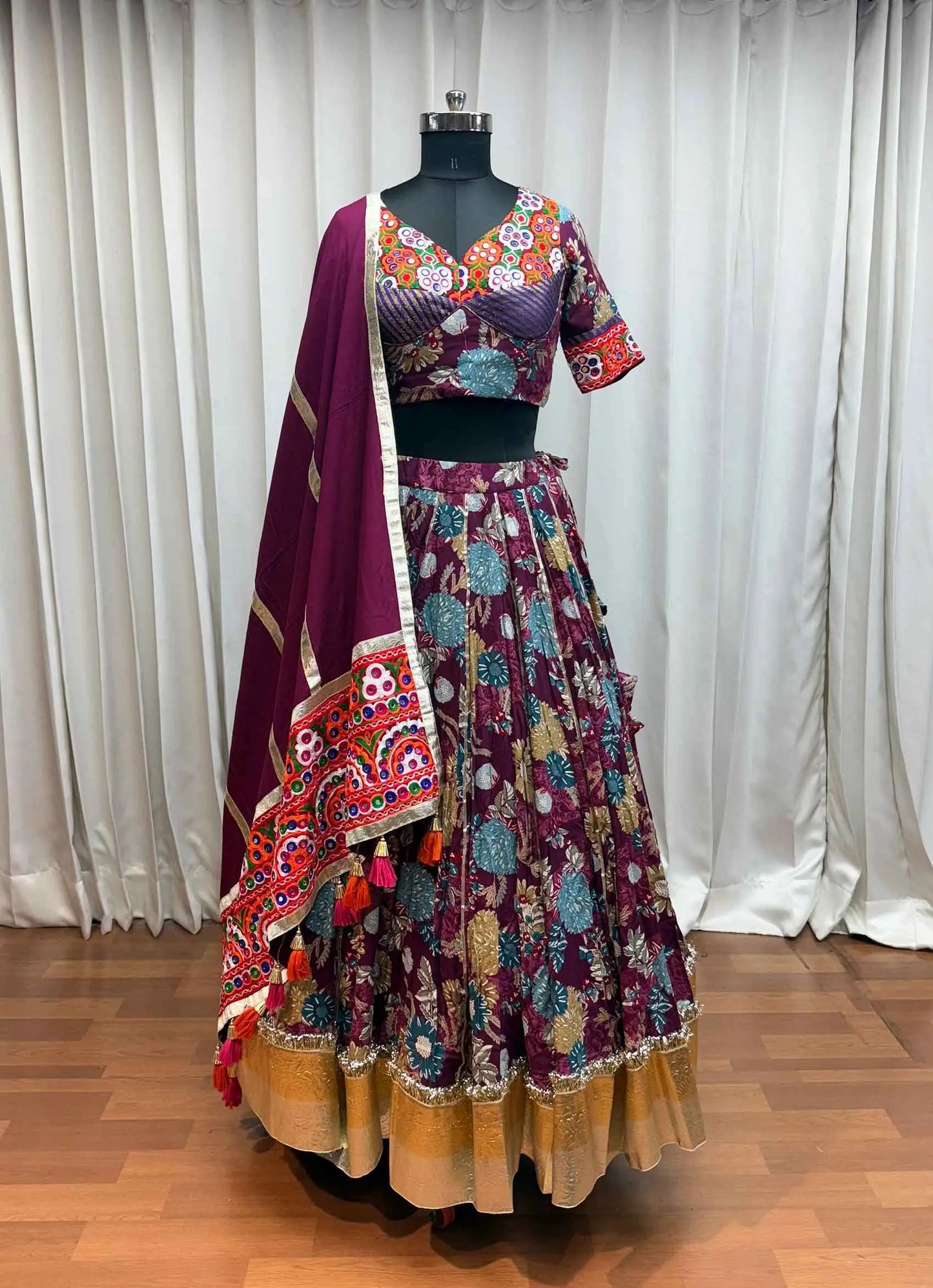 Grape Purple Floral Print Lehenga With Kutchi Work Choli For Navratri