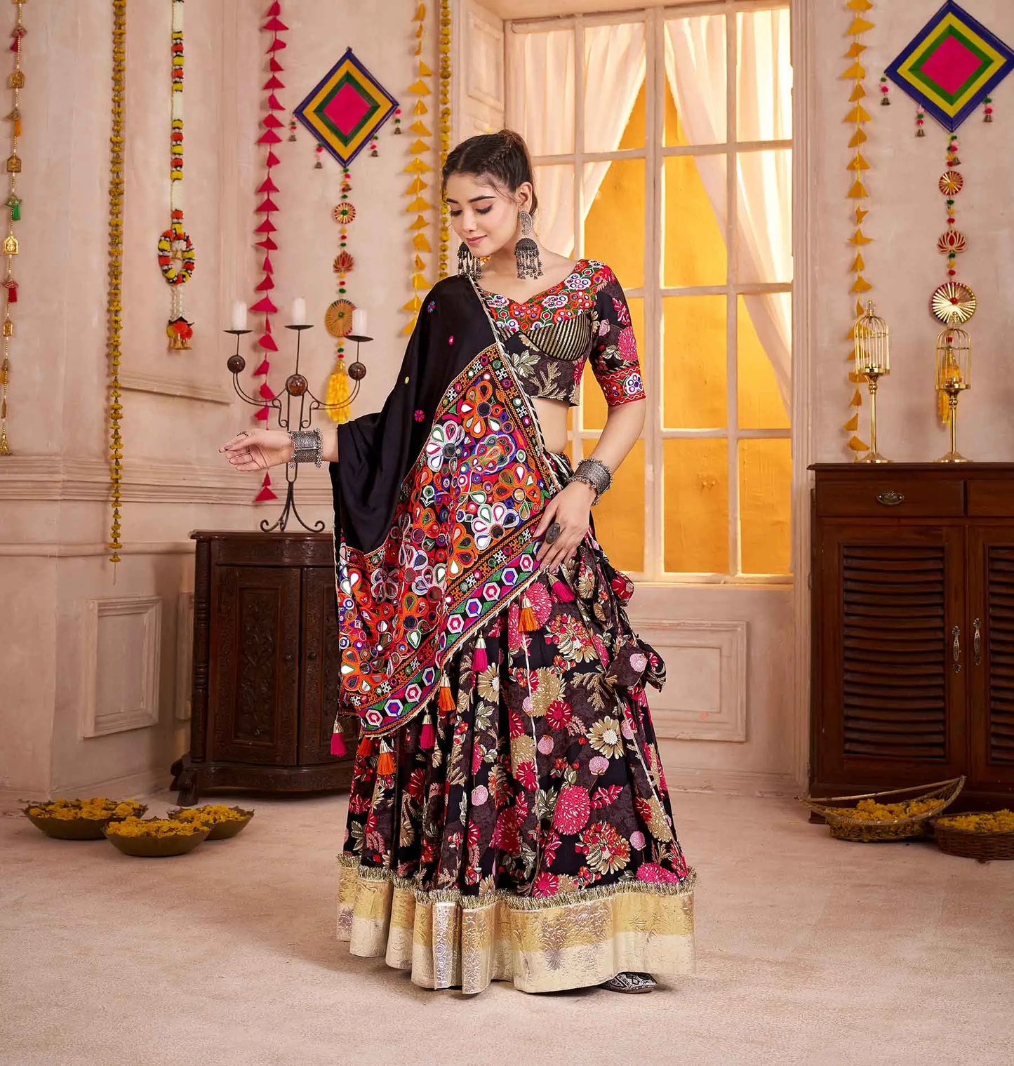 Black Floral Print Lehenga With Kutchi Mirror Work Choli For Navratri