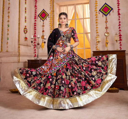 Black Floral Print Lehenga With Kutchi Mirror Work Choli For Navratri
