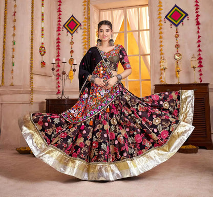 Black Floral Print Lehenga With Kutchi Mirror Work Choli For Navratri