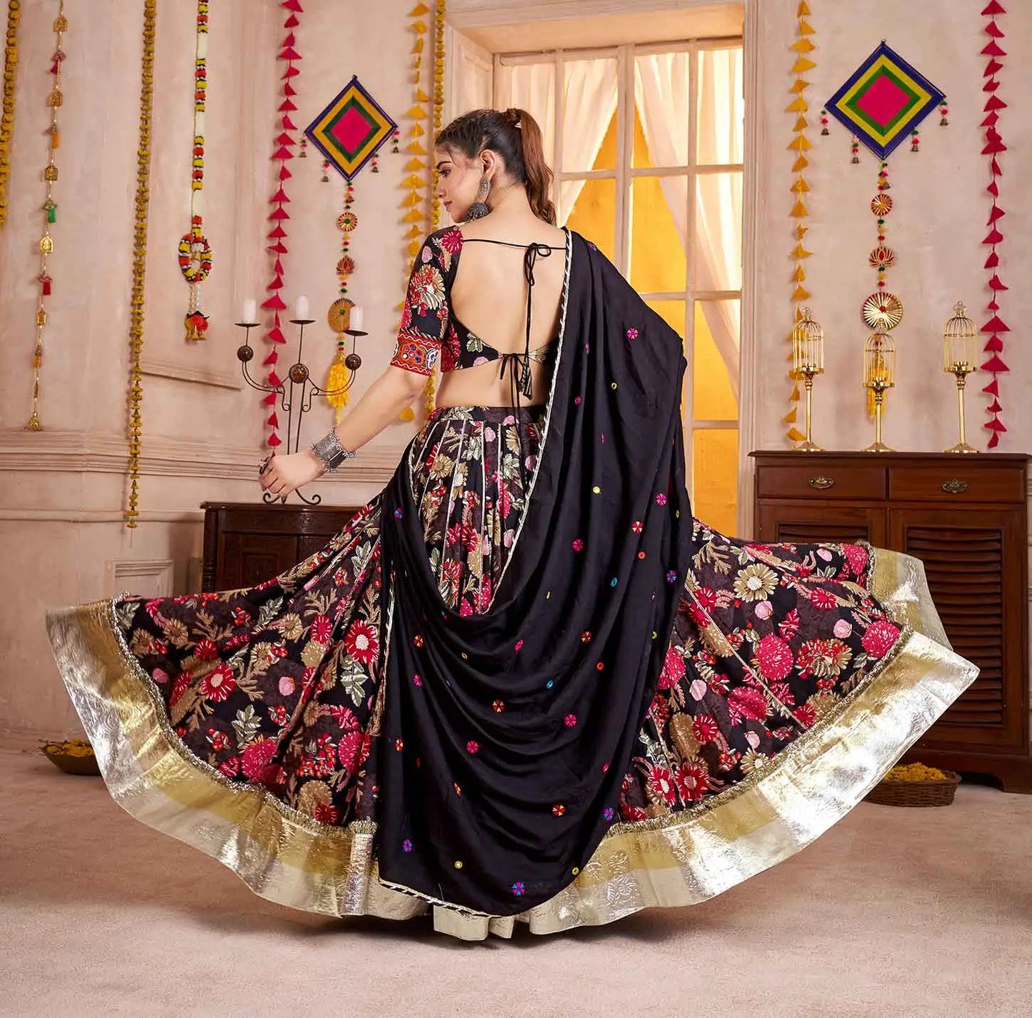 Black Floral Print Lehenga With Kutchi Mirror Work Choli For Navratri