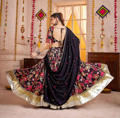 Black Floral Print Lehenga With Kutchi Mirror Work Choli For Navratri