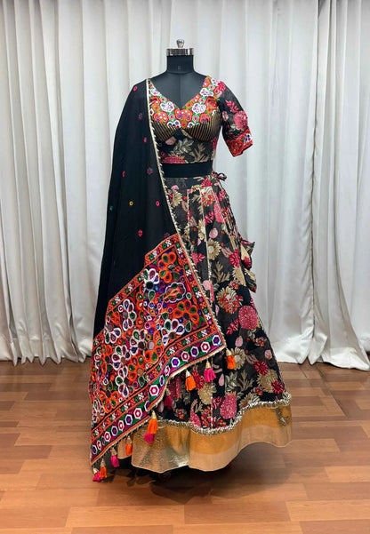 Black Floral Print Lehenga With Kutchi Mirror Work Choli For Navratri