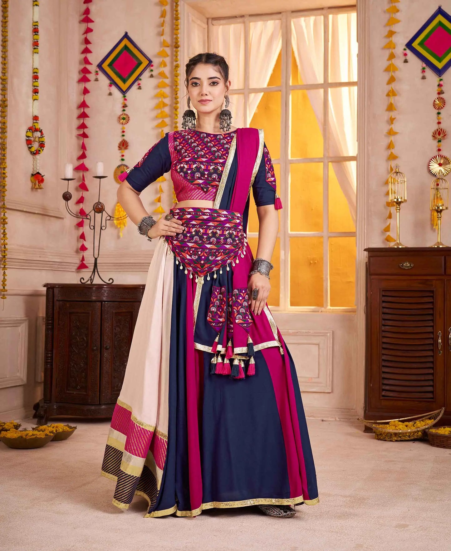 Blue And Pink Navratri Lehenga With Kutchi Mirror Work Choli With Waist Belt
