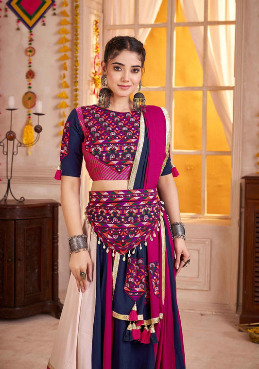 Blue And Pink Navratri Lehenga With Kutchi Mirror Work Choli With Waist Belt