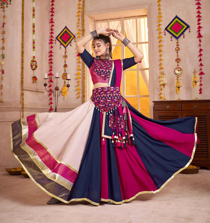 Blue And Pink Navratri Lehenga With Kutchi Mirror Work Choli With Waist Belt