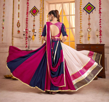 Blue And Pink Navratri Lehenga With Kutchi Mirror Work Choli With Waist Belt