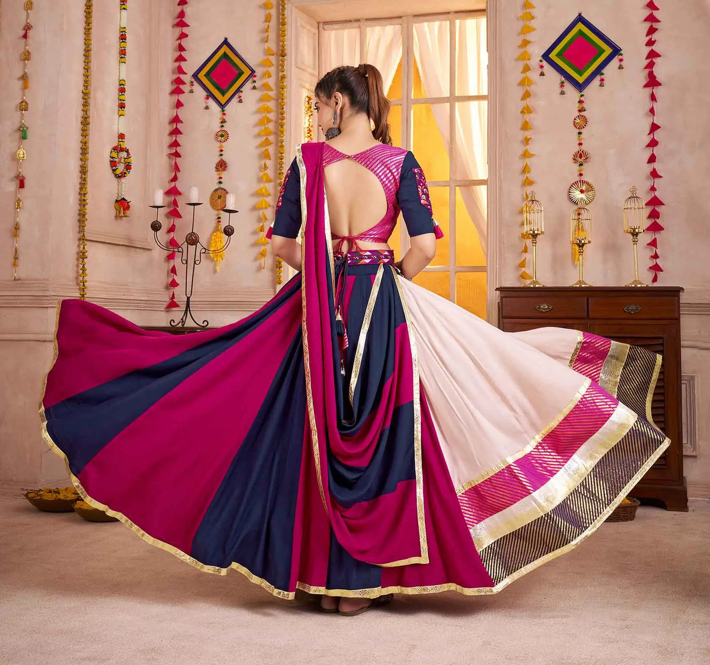 Blue And Pink Navratri Lehenga With Kutchi Mirror Work Choli With Waist Belt