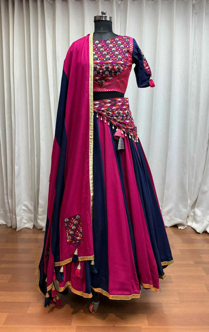 Blue And Pink Navratri Lehenga With Kutchi Mirror Work Choli With Waist Belt