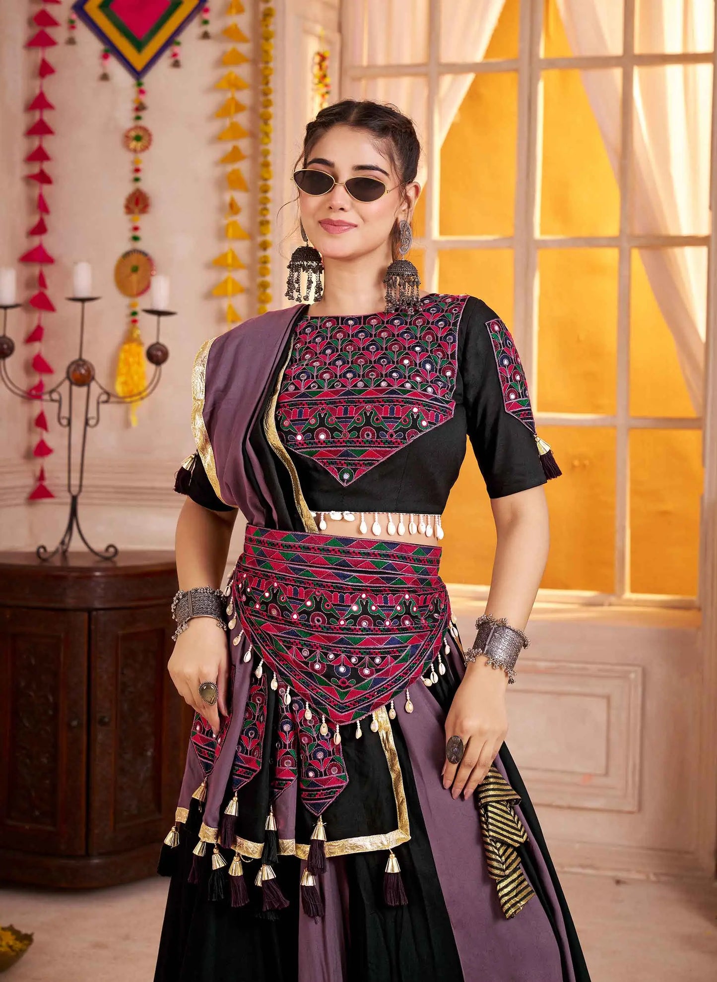 Multi Color Navratri Lehenga With Kutchi Mirror Work Choli With Waist Belt