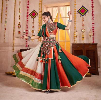 Multi Color Kutchi Mirror Work Choli With Navratri Lehenga And Waist Belt