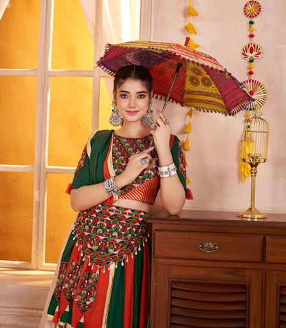 Multi Color Kutchi Mirror Work Choli With Navratri Lehenga And Waist Belt