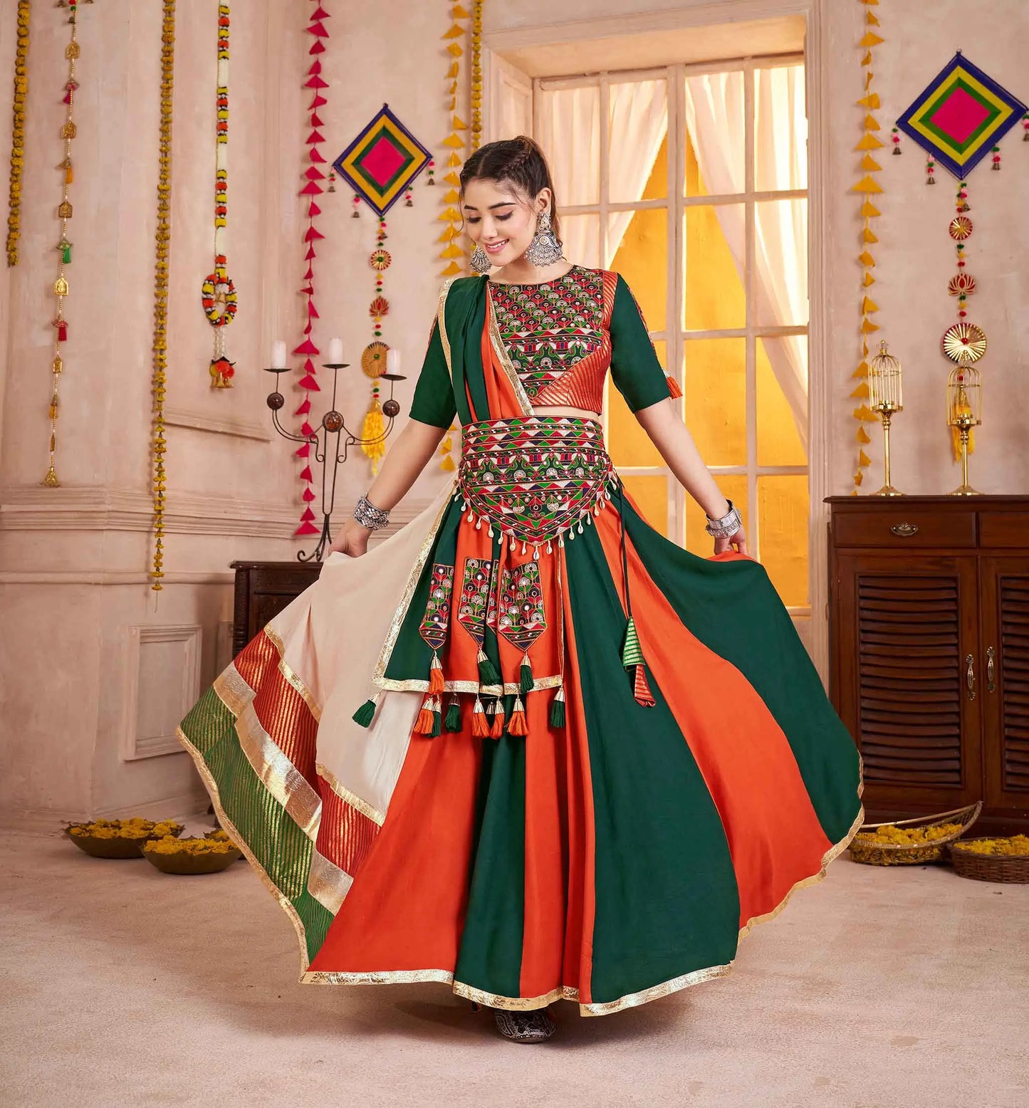 Multi Color Kutchi Mirror Work Choli With Navratri Lehenga And Waist Belt