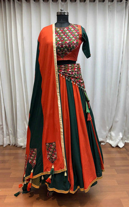 Multi Color Kutchi Mirror Work Choli With Navratri Lehenga And Waist Belt