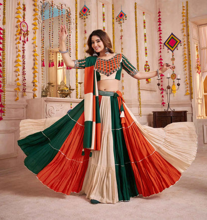 Multi Color Lehenga Choli With Kutchi Patch Work And Mirror For Navratri