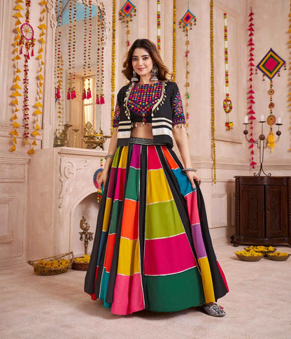 Black Multi Color Patch Work Lehenga With Thread Mirror Kodi Work Jacket