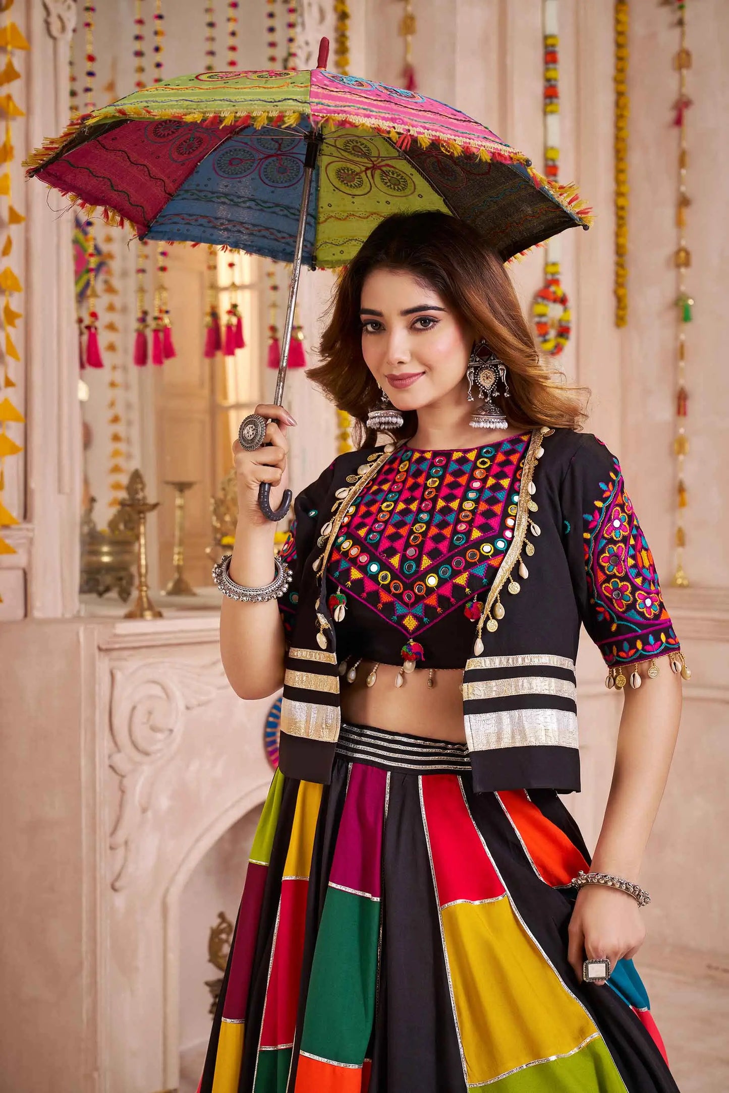 Black Multi Color Patch Work Lehenga With Thread Mirror Kodi Work Jacket